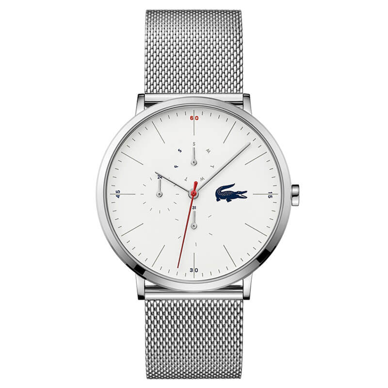 Lacoste Moon multifunction men's watch with white dial, stainless steel mesh strap, and red accents