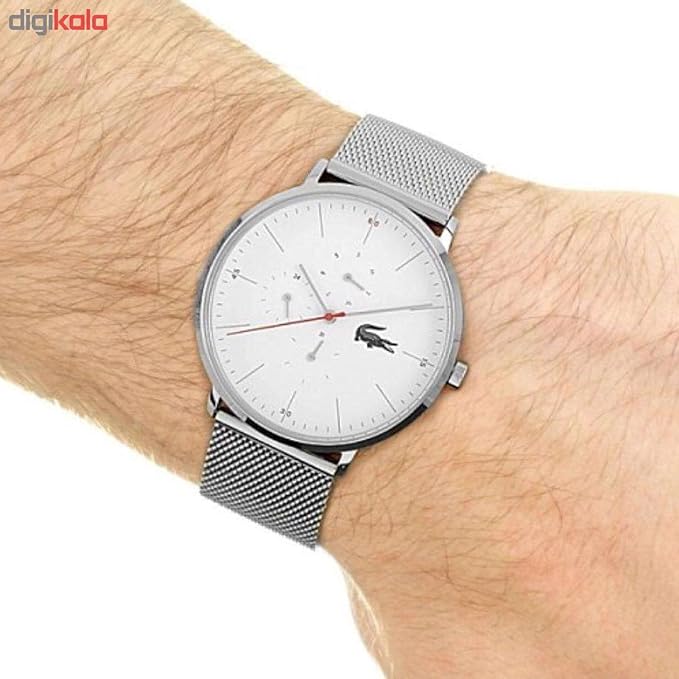 Lacoste Moon 2011025 multifunction watch worn on wrist with stainless steel mesh strap