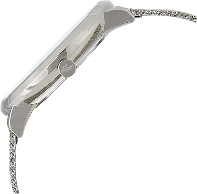 Side profile of Lacoste Moon 2011025 watch showing stainless steel case and chain-link strap