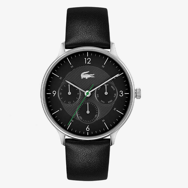 Lacoste Moon Multi black dial chronograph watch with black leather strap and silver case