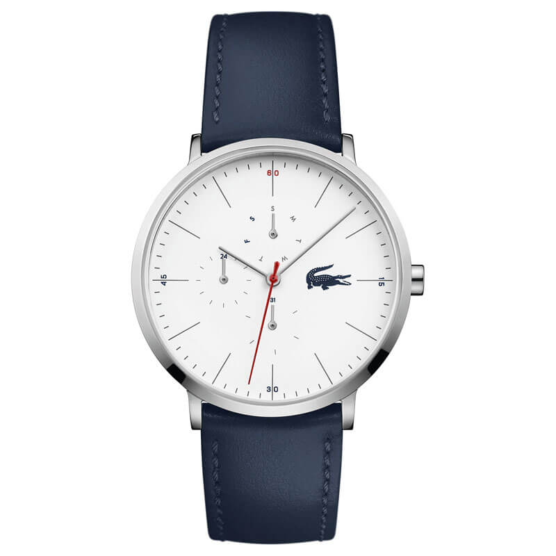 Lacoste Moon Ultra Slim white dial chronograph watch with navy leather strap and red hand