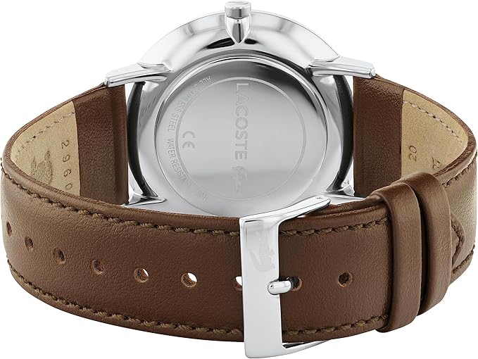 Lacoste Moon Ultra Slim watch caseback showing engraved LACOSTE branding and brown leather strap