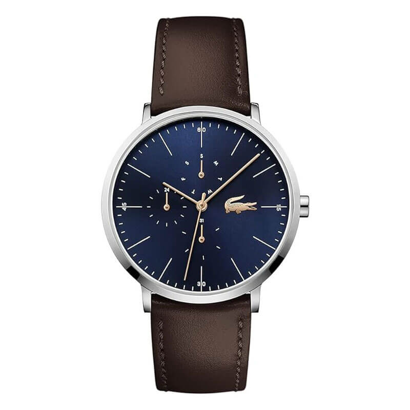 Lacoste Moon Ultra Slim watch with navy blue dial, rose gold hands, and brown leather strap, front view
