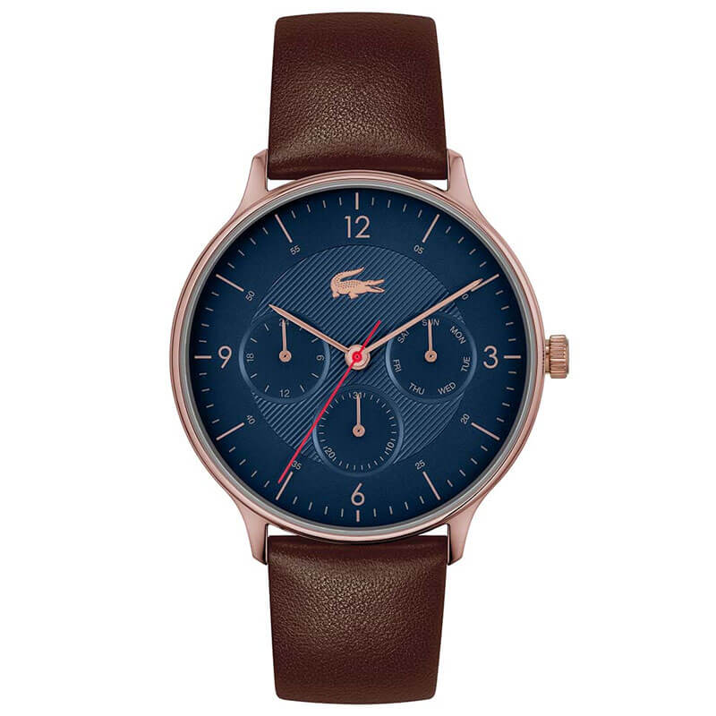 Lacoste Neocroc men's watch with navy dial, rose gold case, and brown silicone strap