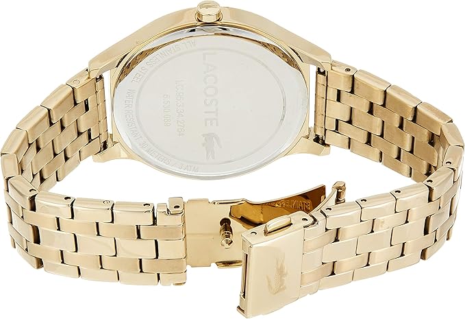 Lacoste Nikita watch caseback with engraved branding and gold tone steel bracelet clasp
