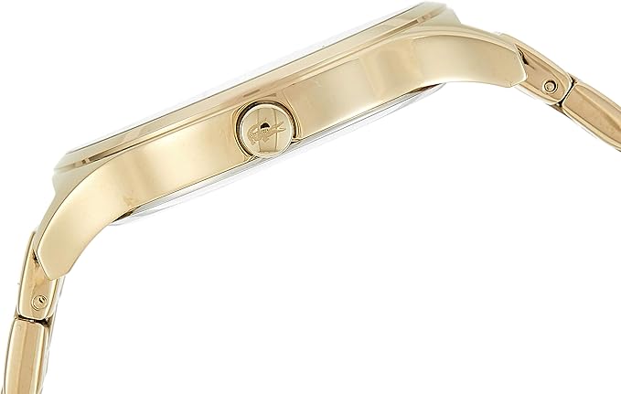 Side profile of Lacoste Nikita gold tone steel watch showing bracelet and case thickness