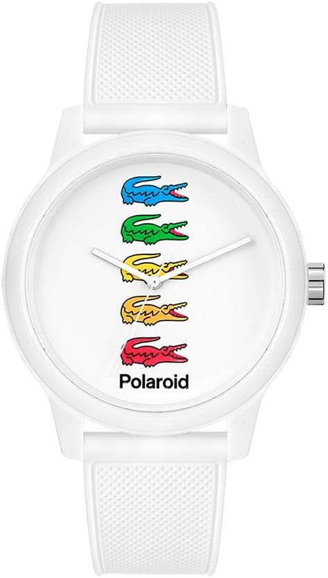 White silicone band watch with white dial featuring colorful Lacoste crocodiles and Polaroid branding