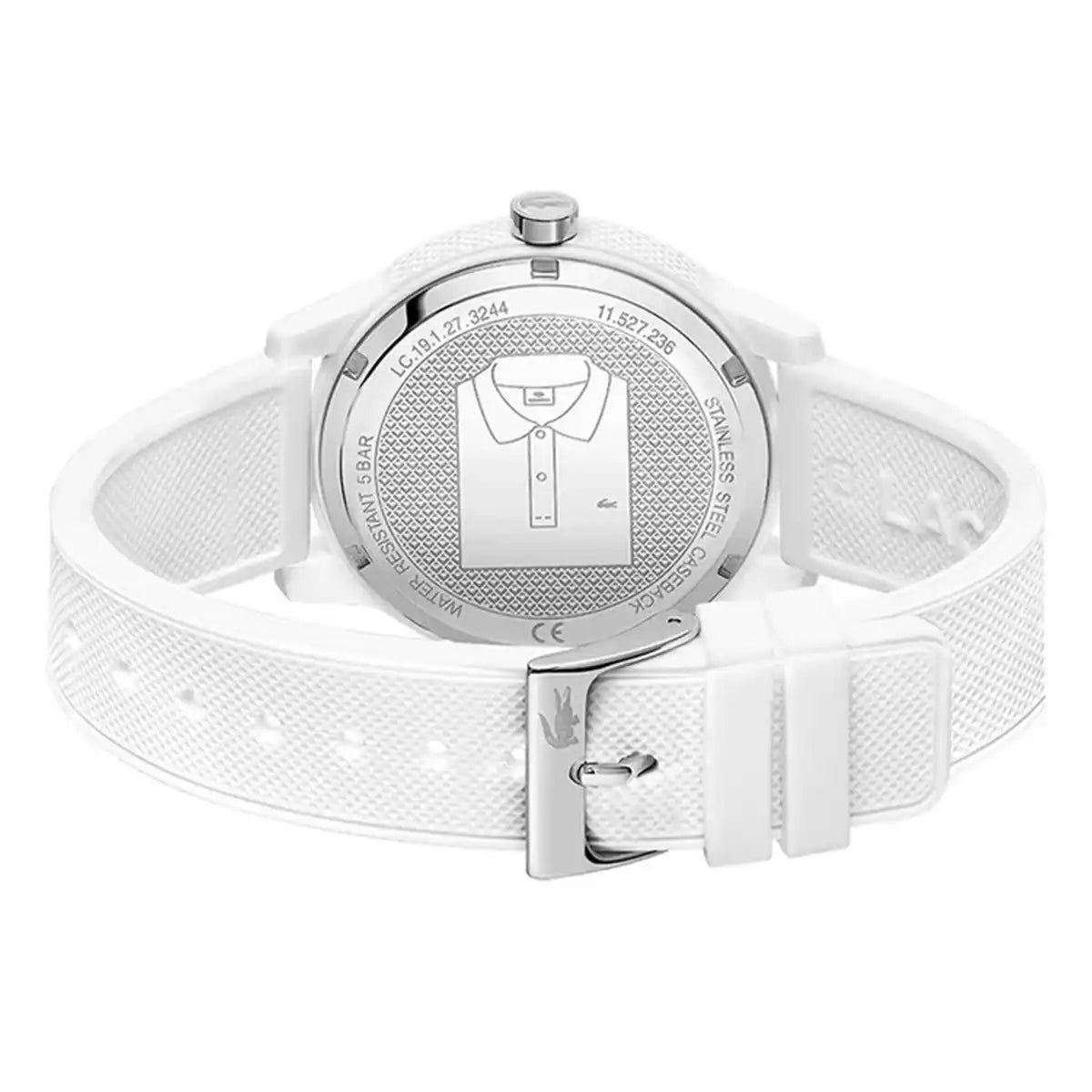 White silicone band Lacoste watch shown from the side with white buckle clasp and textured band