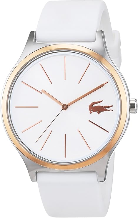 Lacoste women's quartz watch with white silicone strap and silver-tone case with rose gold bezel