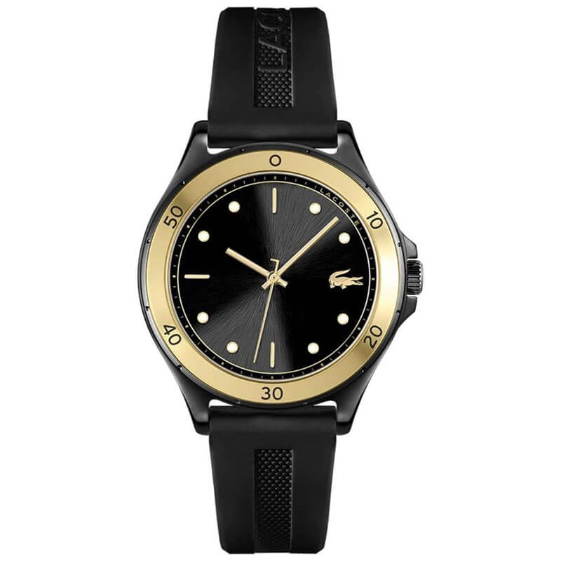 Lacoste Swing women's watch with black dial, gold-tone bezel, and black silicone strap