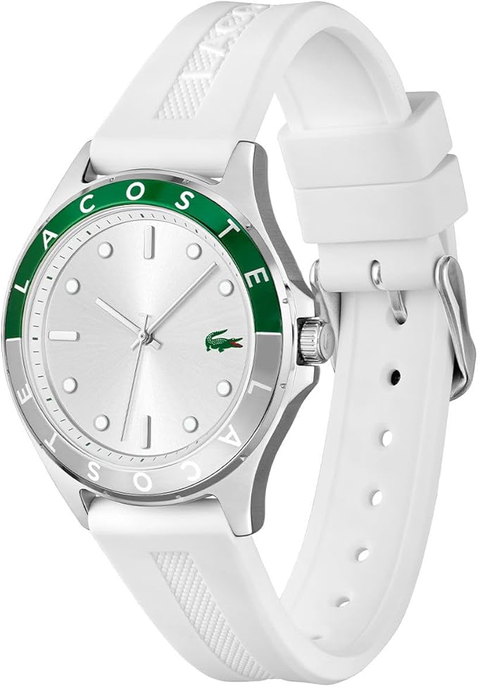 Lacoste Swing watch angled view showing white strap and green bezel detail