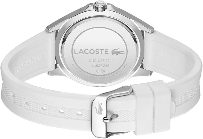 Lacoste Swing watch caseback showing Lacoste branding and specifications