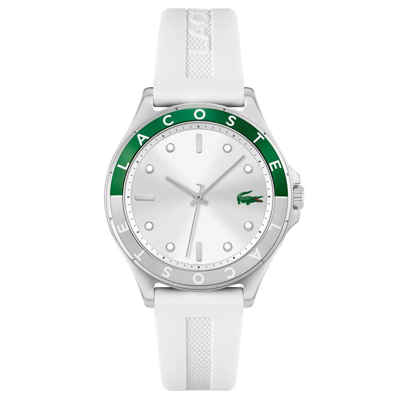 Lacoste Swing white silicone women's watch with green bezel and silver dial