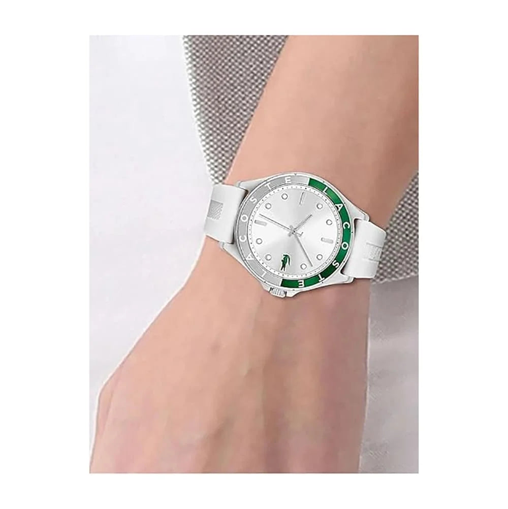 Lacoste Swing women's watch worn on wrist showing white silicone strap