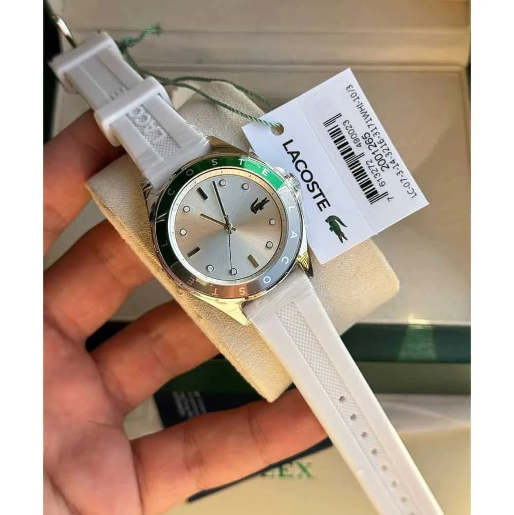Lacoste Swing watch with product tag held in hand