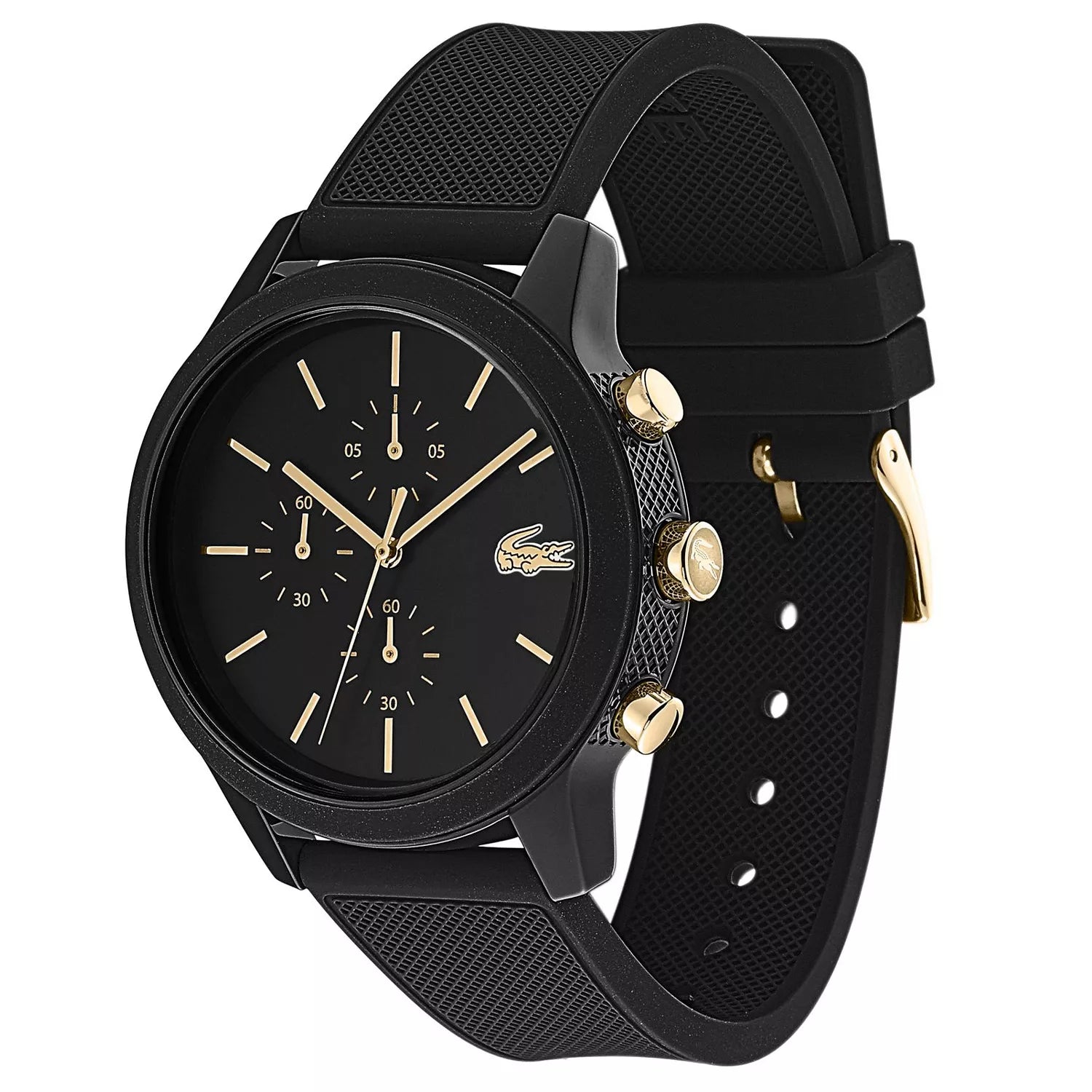 Lacoste TR90 chronograph watch displayed at angle showing full case and rubber strap