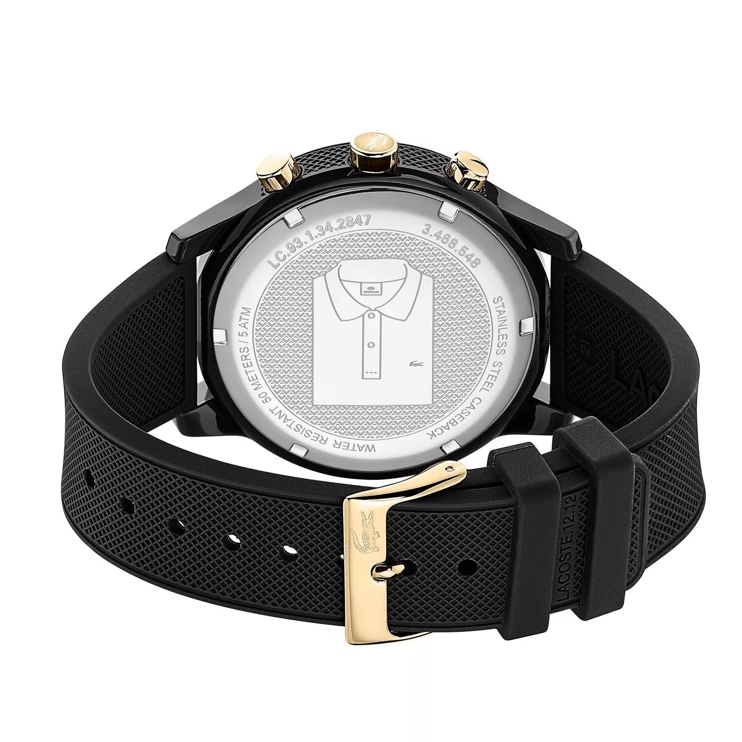 Lacoste TR90 watch caseback displaying model number and specifications