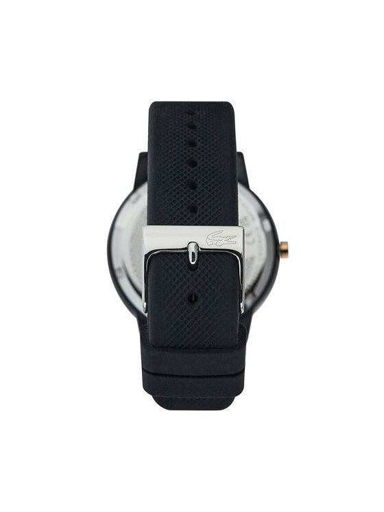 Lacoste TR90 watch caseback and strap detail with gold-tone hardware