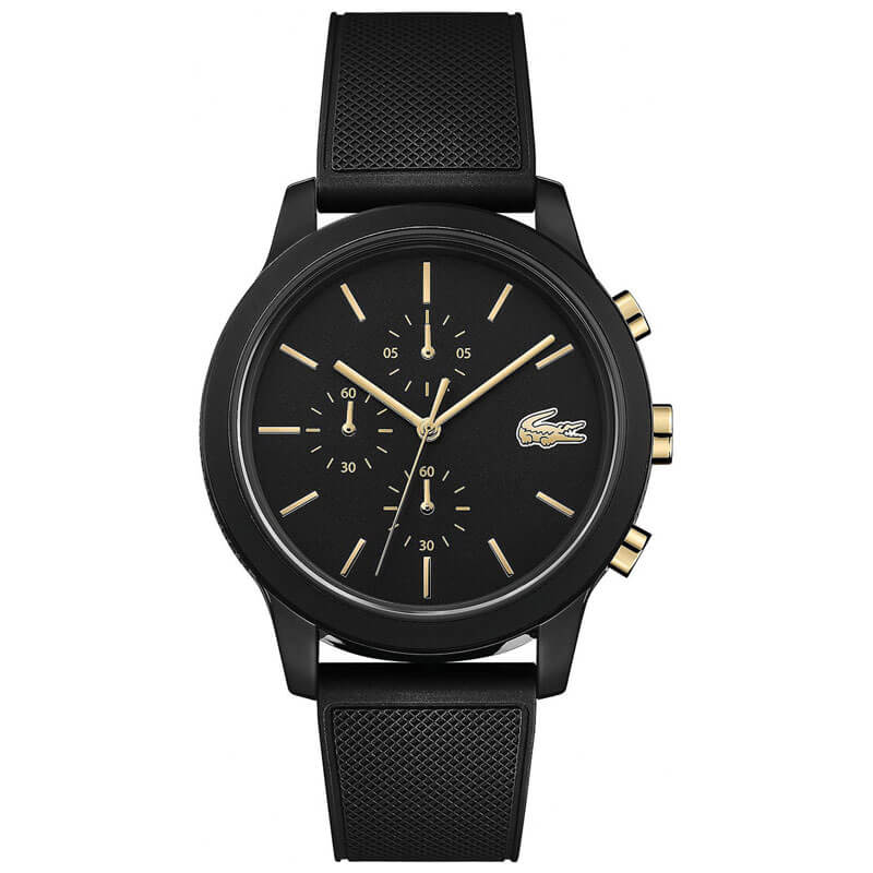 Lacoste TR90 men's chronograph watch with black dial and gold hands on black rubber strap