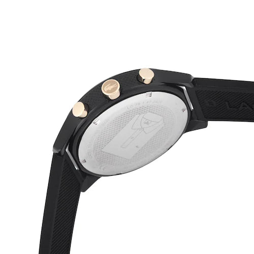 Lacoste TR90 watch side view showing chronograph pushers and black rubber strap