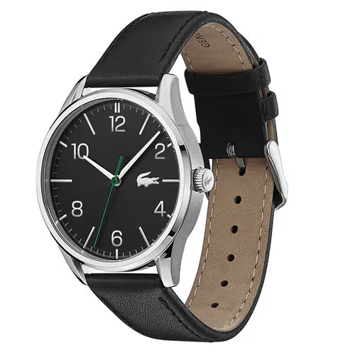 Lacoste Vienna watch angle view showing black dial, silver case, and leather strap detail