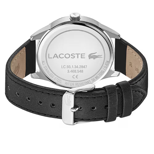 Lacoste Vienna watch caseback showing Lacoste branding, model number, and water resistance marking
