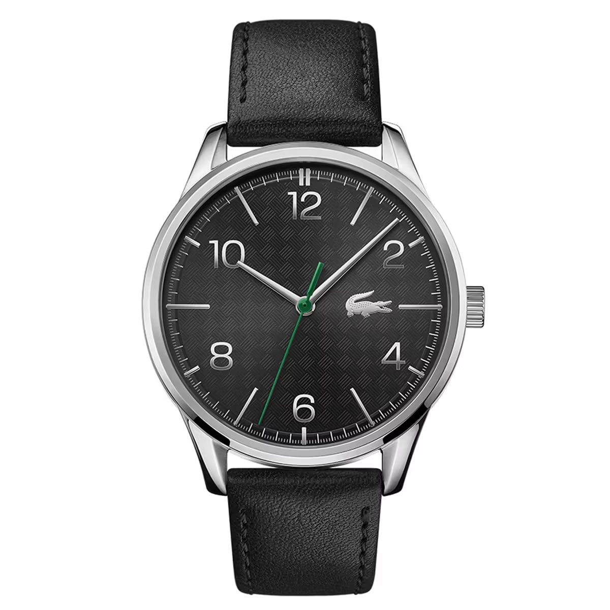 Lacoste Vienna black dial analog men's watch with silver case and black leather strap