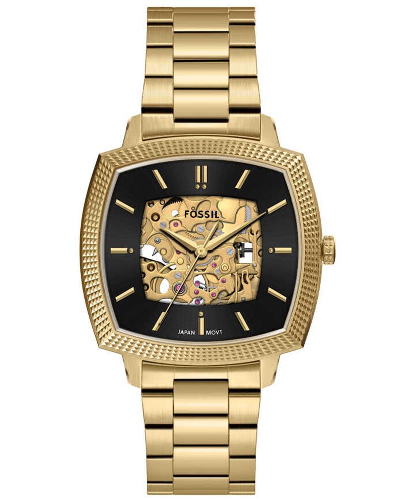 Gold-tone stainless steel automatic watch with black skeleton dial and gold markers