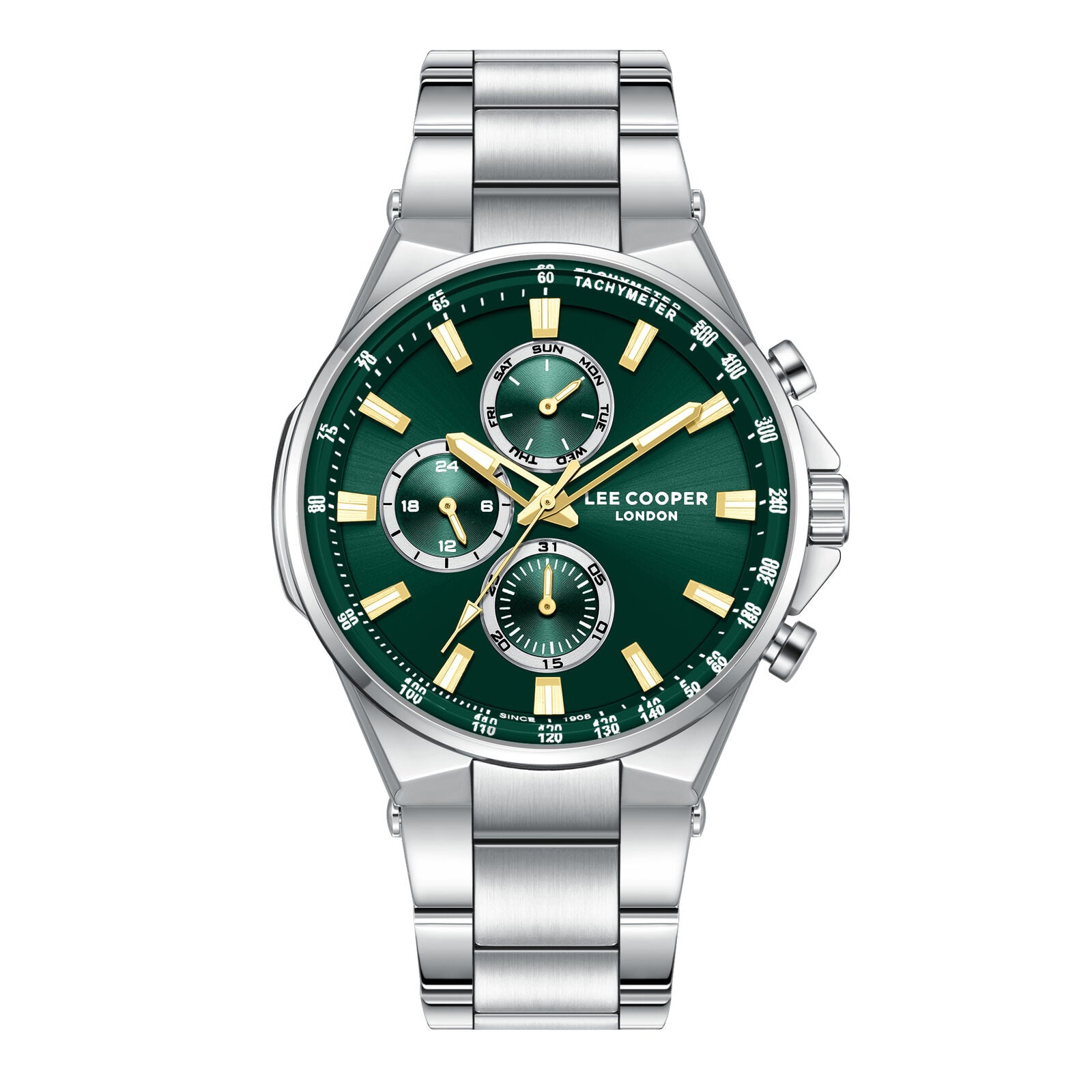 Lee Cooper Jules multifunction chronograph watch with green dial, golden hands, and silver bracelet