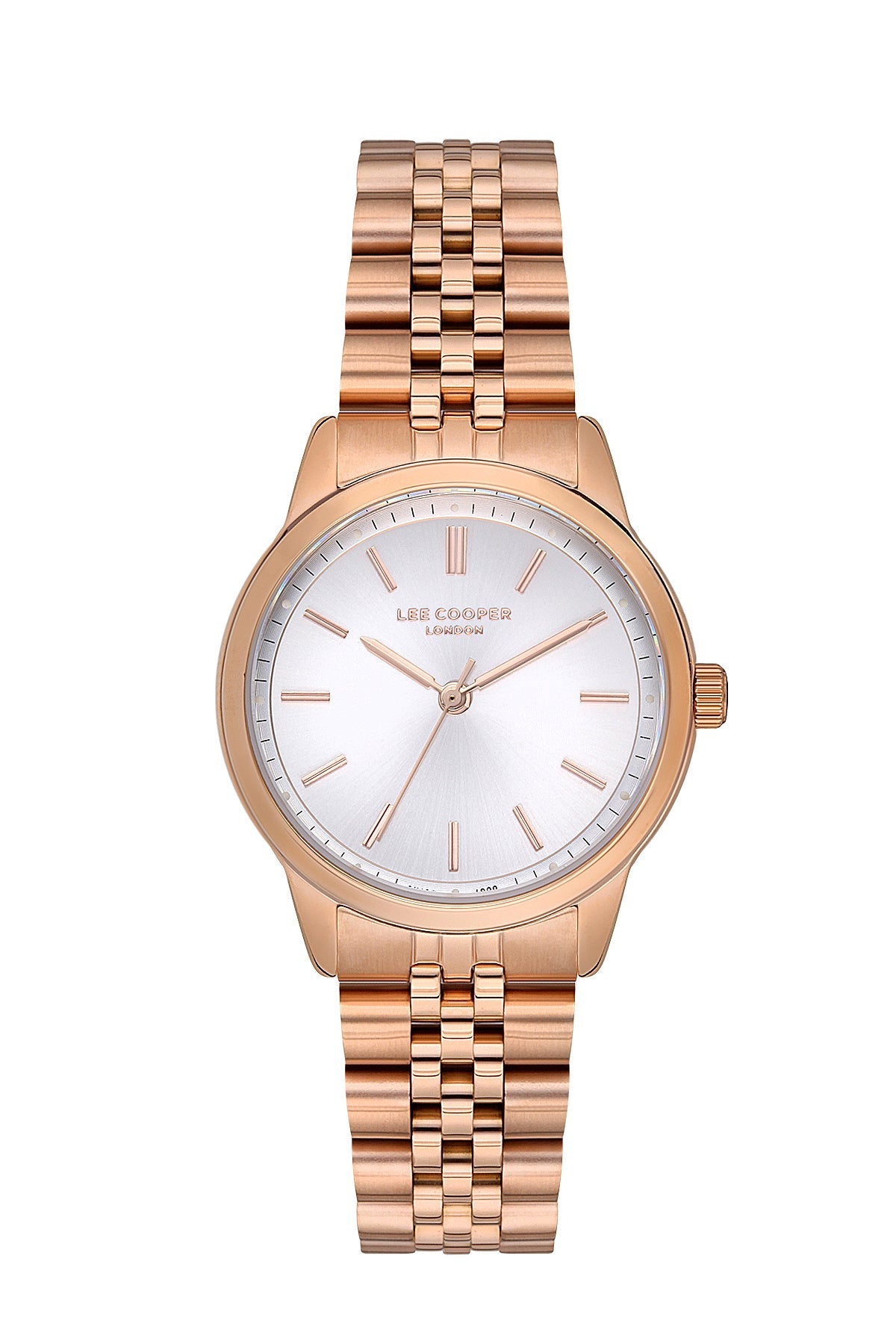 Lee Cooper Classic Three Hand watch with silver dial and rose gold-tone stainless steel case and bracelet