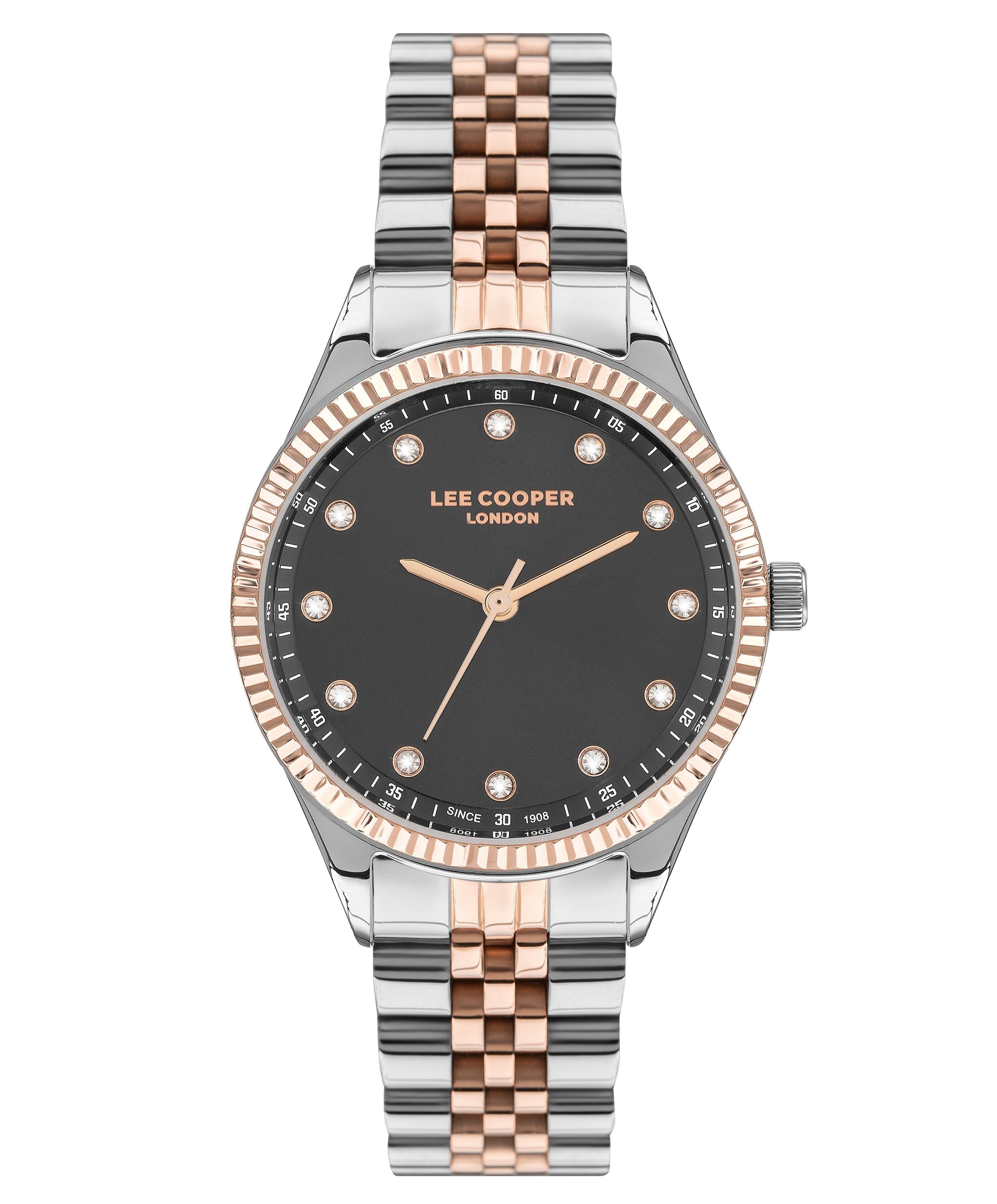 Lee Cooper Classic dark grey dial two-tone silver and rose gold women's watch with crystal bezel