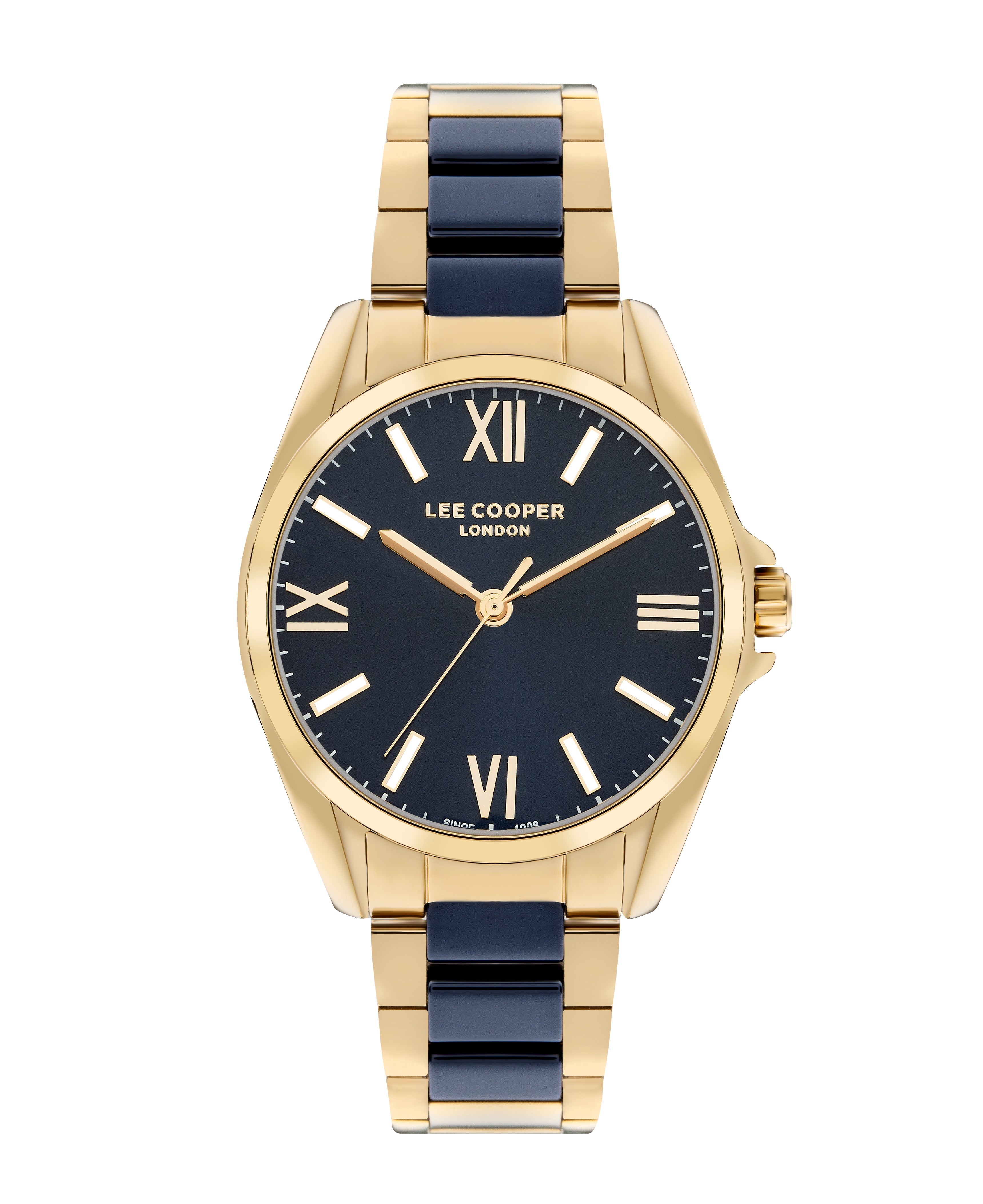 Lee Cooper Elegance women's watch with navy blue dial, Roman numerals, and gold two-tone bracelet