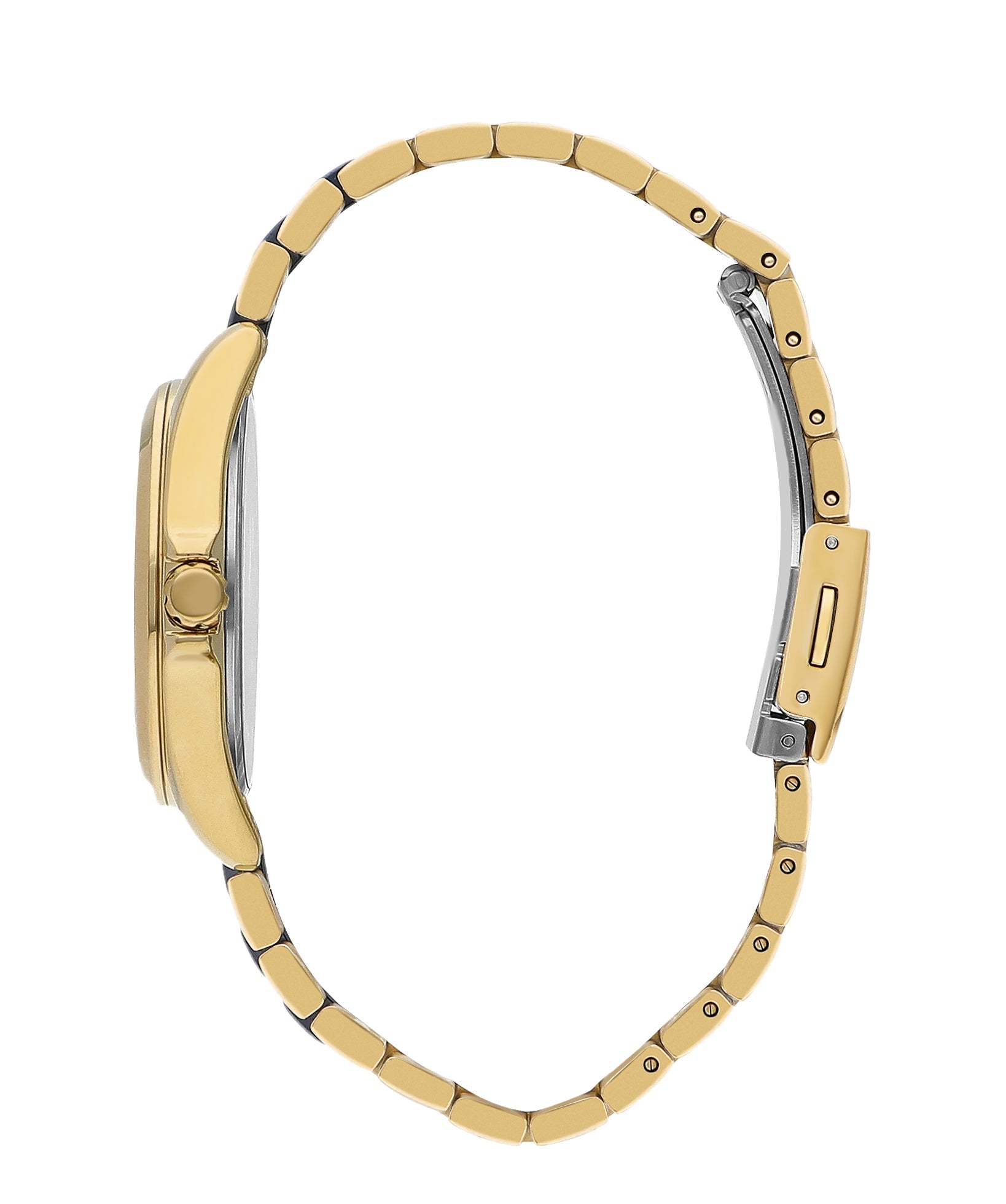 Lee Cooper Elegance watch side view showing gold and navy two-tone bracelet and case profile