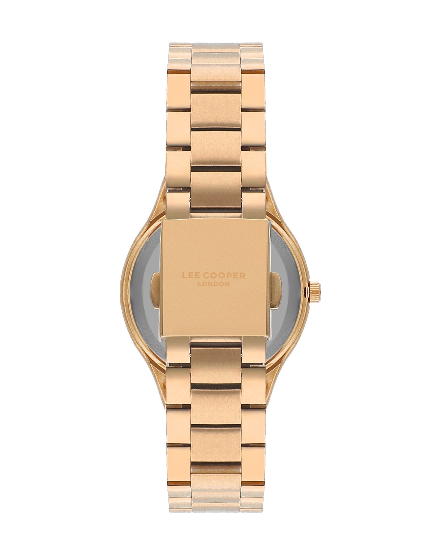 Caseback view of Lee Cooper rose gold watch showing solid case back and bracelet