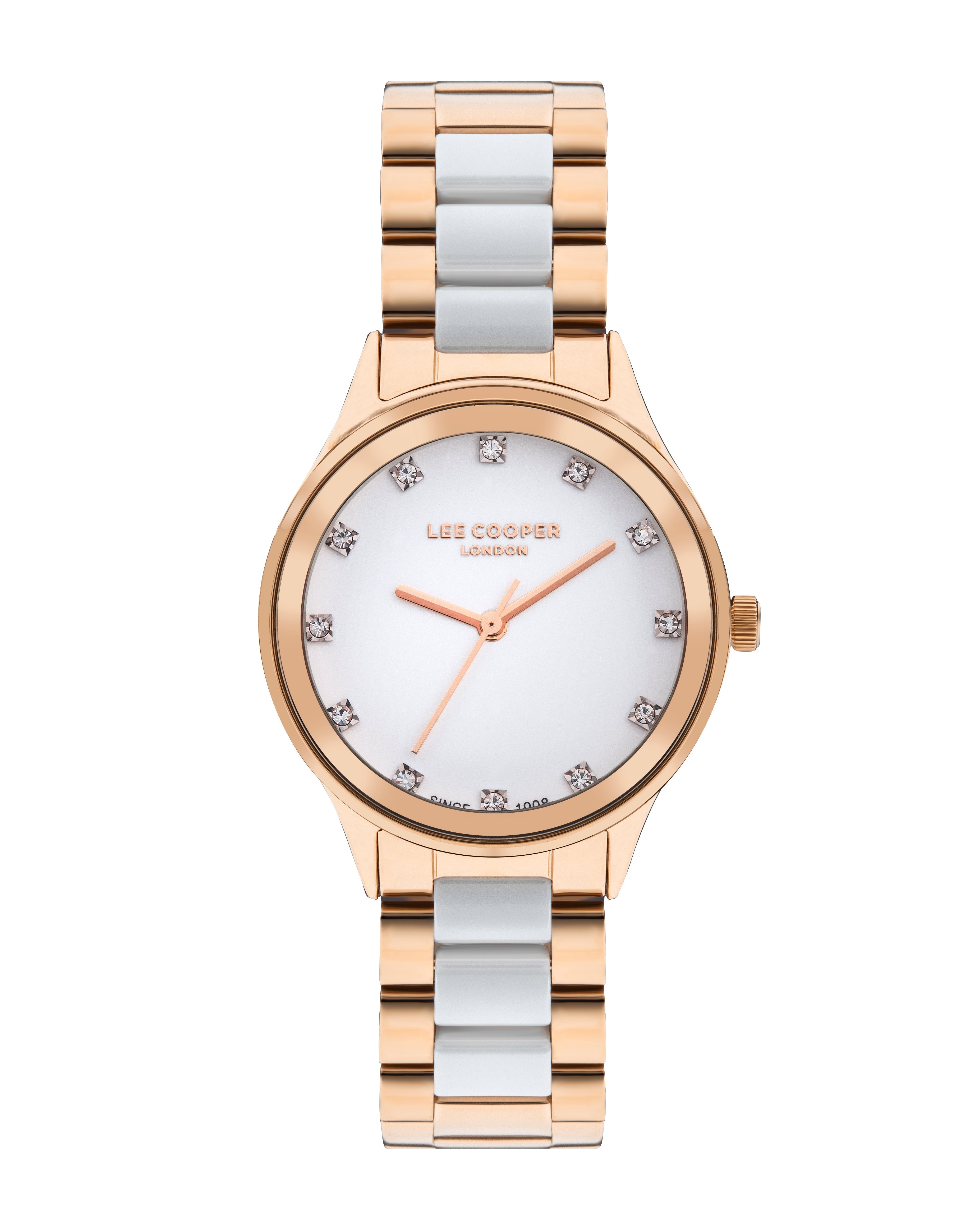 Lee Cooper Classic white MOP dial rose gold women's watch with mixed metal bracelet