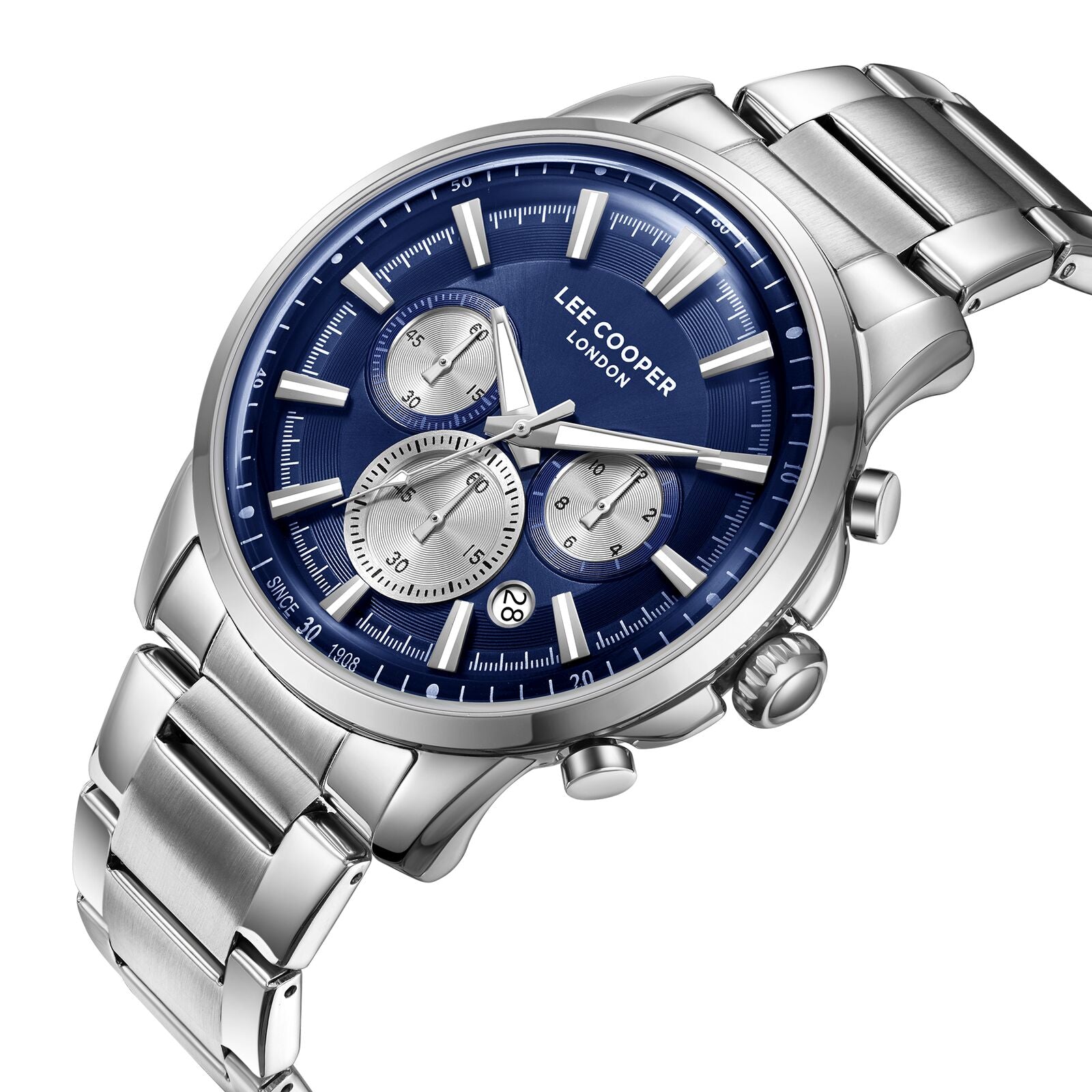 Lee Cooper Malo multifunction watch at angle showing blue dial with silver chronograph subdials and metal strap