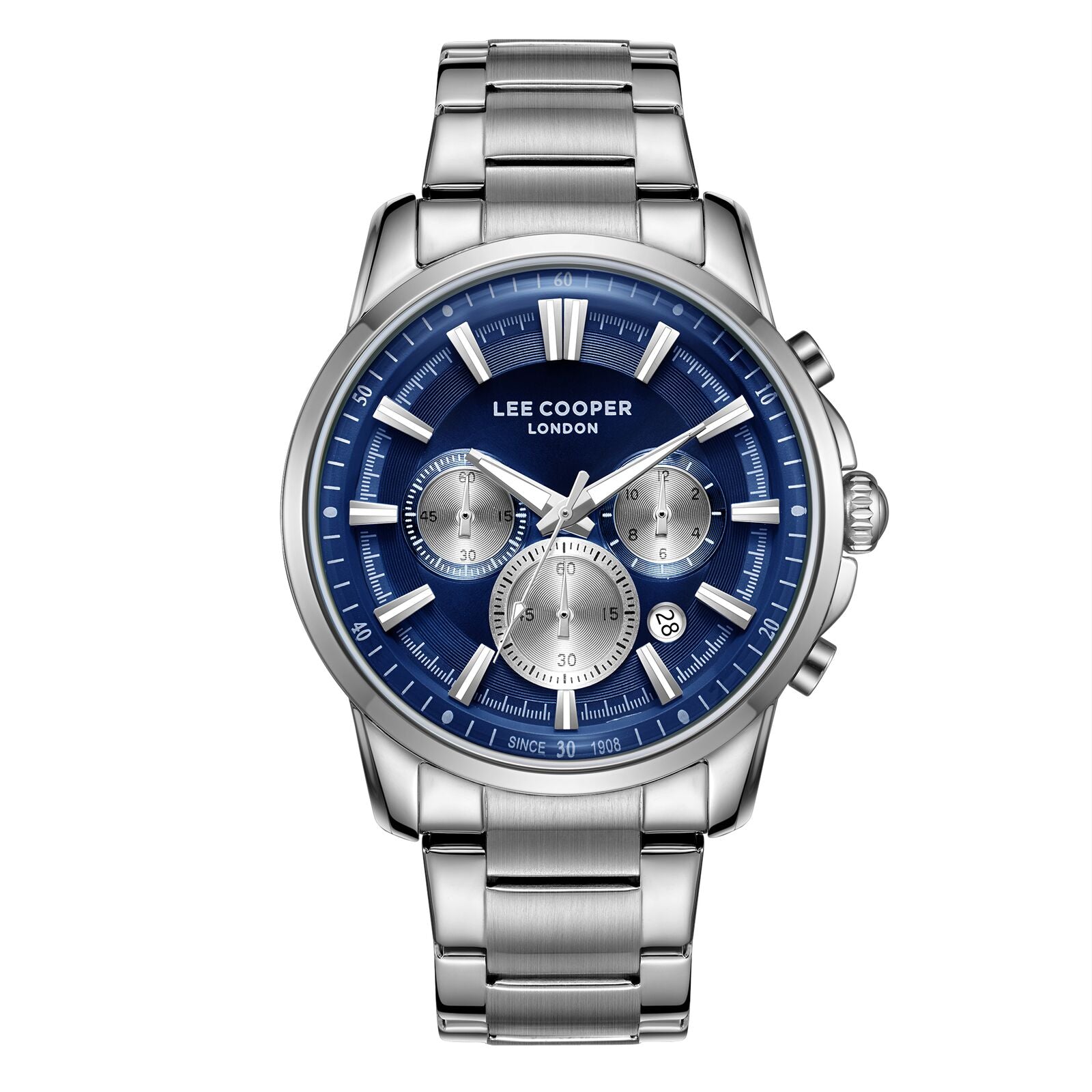 Lee Cooper Malo chronograph watch with blue dial, silver subdials, and silver stainless steel bracelet