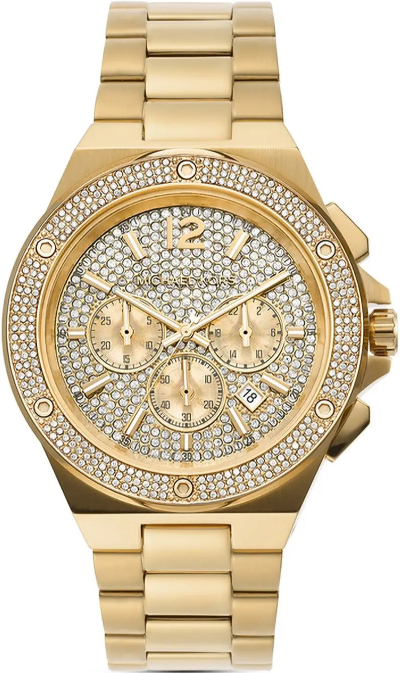 Lennox MK1061 gold chronograph watch with pavé crystal dial and bracelet