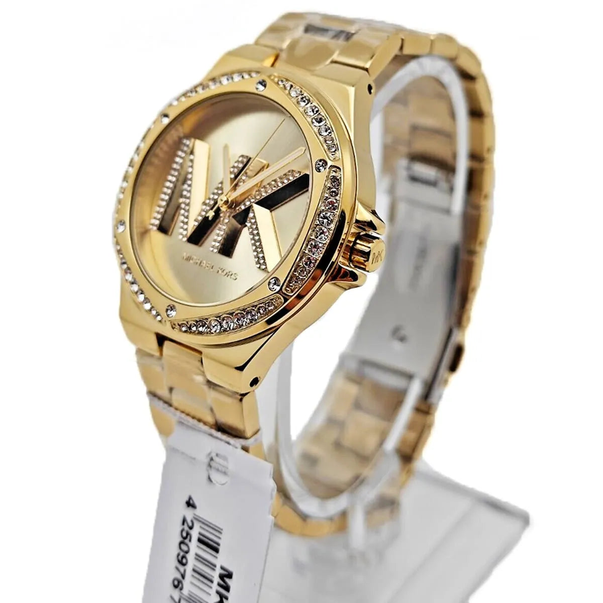 Gold-tone Lennox watch on stand showing three-hand movement and crystal bezel detail
