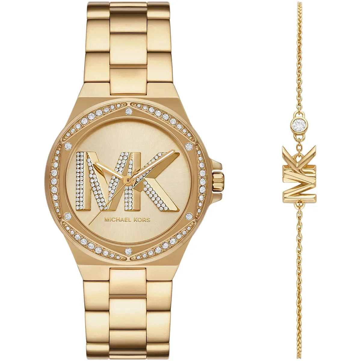 Lennox gold-tone watch with crystal bezel and MK logo dial alongside matching bracelet