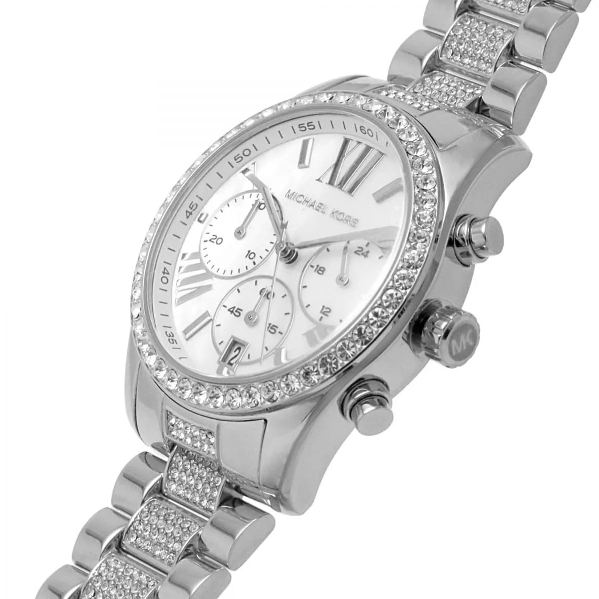Three-quarter view of silver Lexington watch with crystal-studded bezel and bracelet