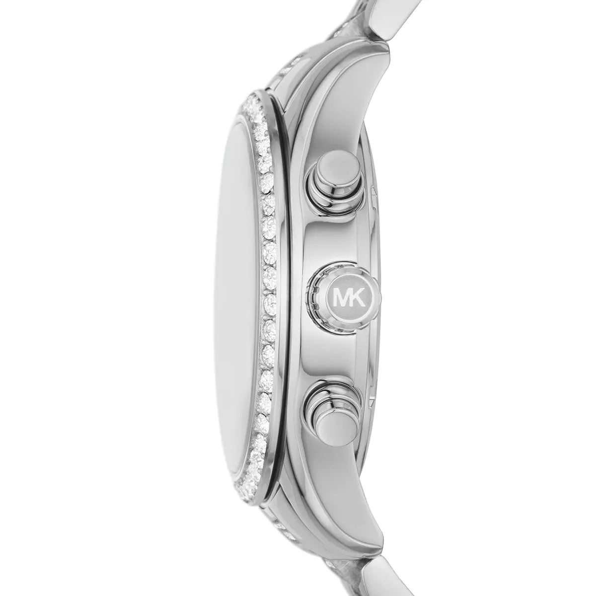 Side profile of Lexington chronograph showing crystal-pavé bezel and pushers