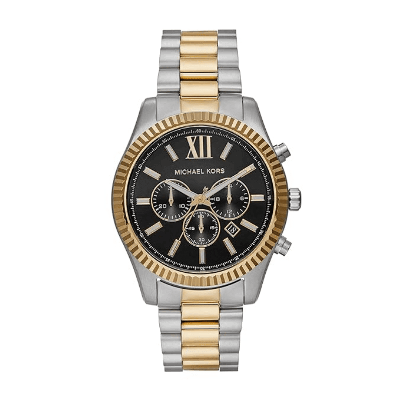 Two-tone chronograph watch with black dial, gold bezel, and Roman numerals