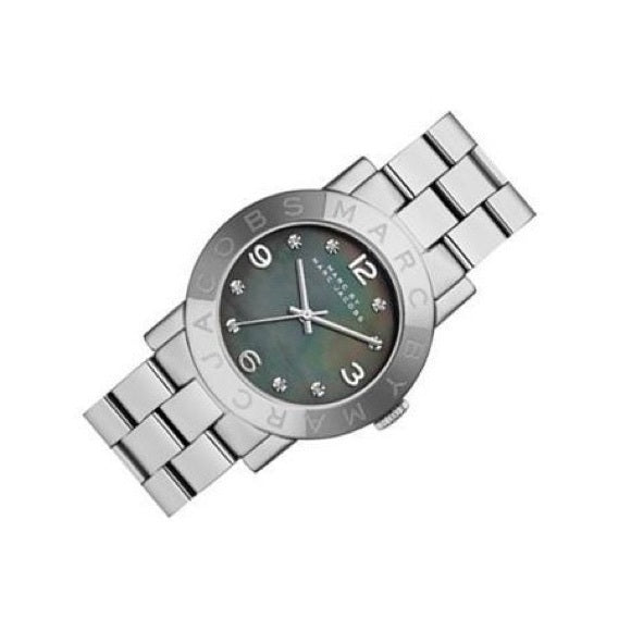 Angled view of Marc by Marc Jacobs Amy watch with grey dial and steel bracelet