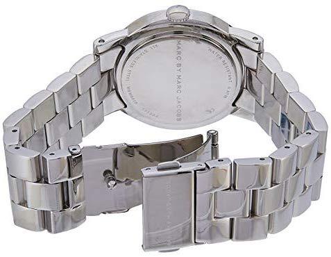 Caseback view of Marc by Marc Jacobs Amy MBM8608 watch showing stainless steel bracelet