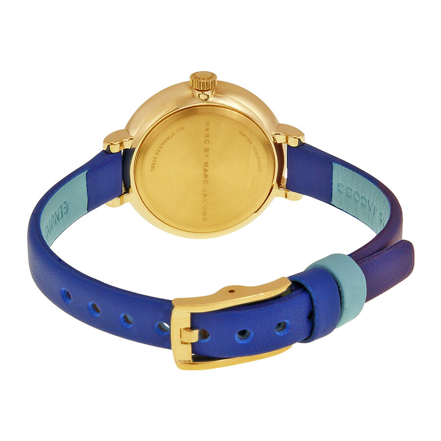 Caseback view of Marc by Marc Jacobs Sally watch showing gold-tone case and blue leather strap
