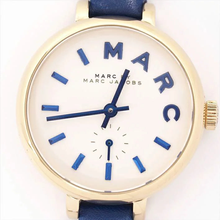 Close-up of Marc by Marc Jacobs Sally dial with blue hour markers and hands, subdial detail