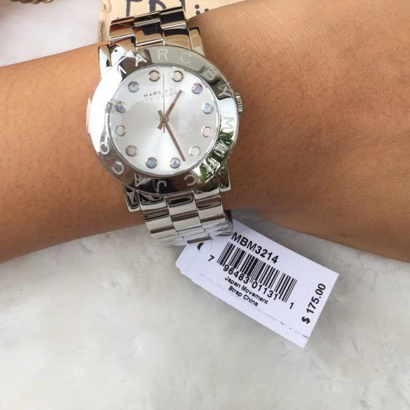 Marc by Marc Jacobs Amy Dexter ladies watch worn on wrist with retail tag visible