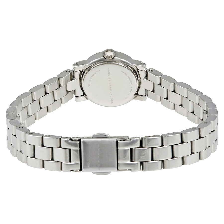 Back view of Marc by Marc Jacobs Amy Dinky watch showing stainless steel caseback and bracelet