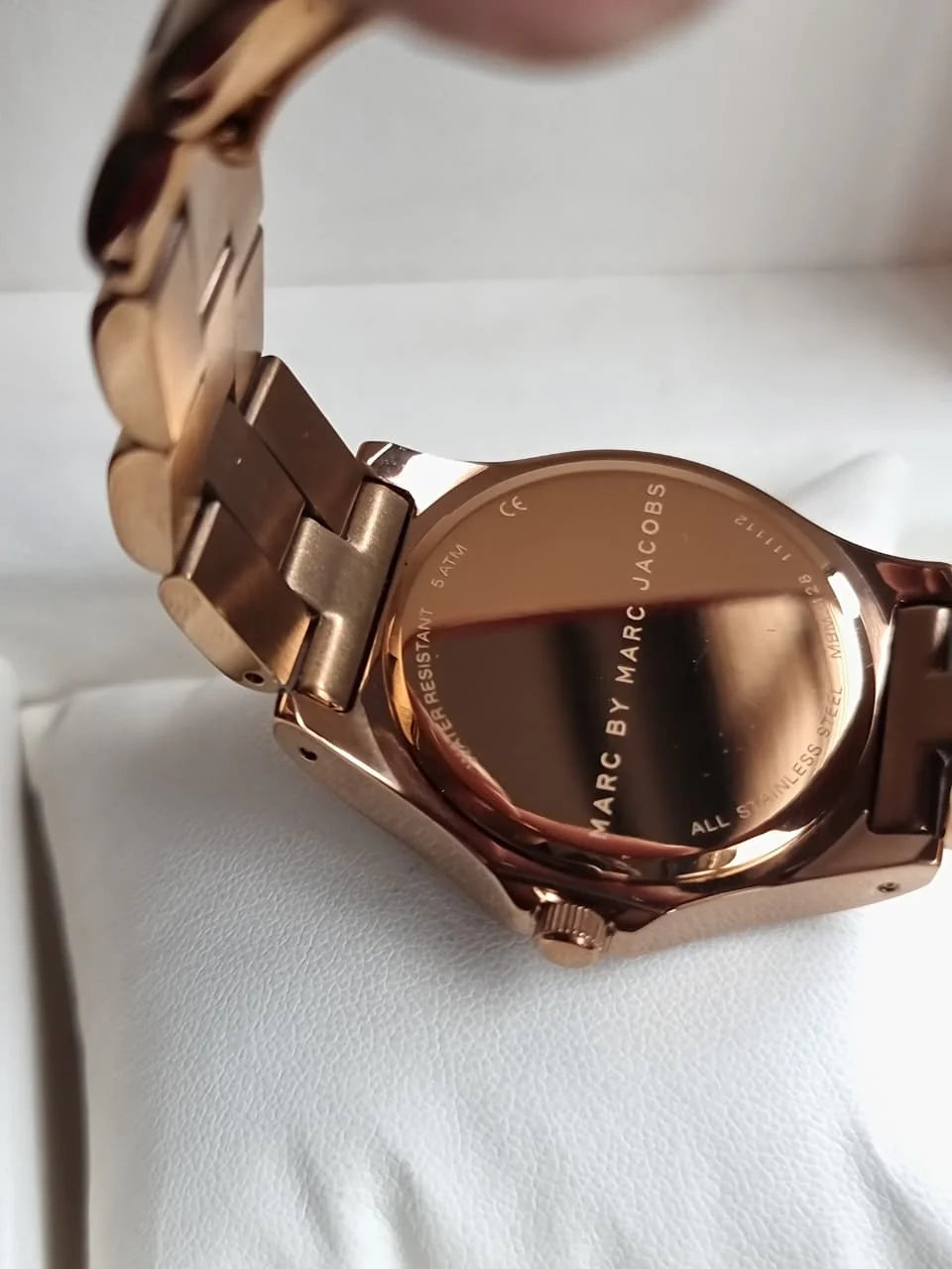 Marc by Marc Jacobs Amy rose gold watch caseback detail showing engraved text